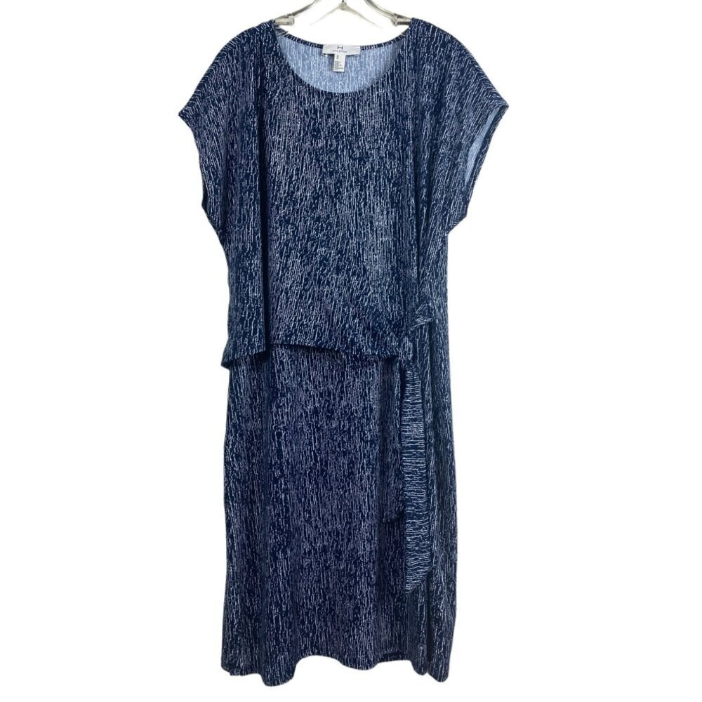 Halston Womens Navy White Textured Print Midi Dress Tie Waist Cap Sleeves Medium
